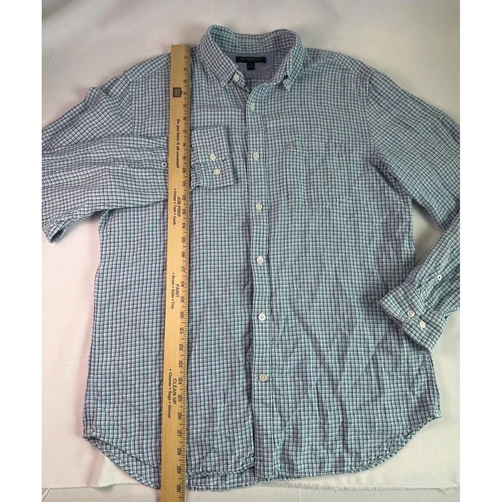 Banana Republic Slim Fit Linen Blend Men Sz L‎ Blue L/s Button Down Plaid Check
